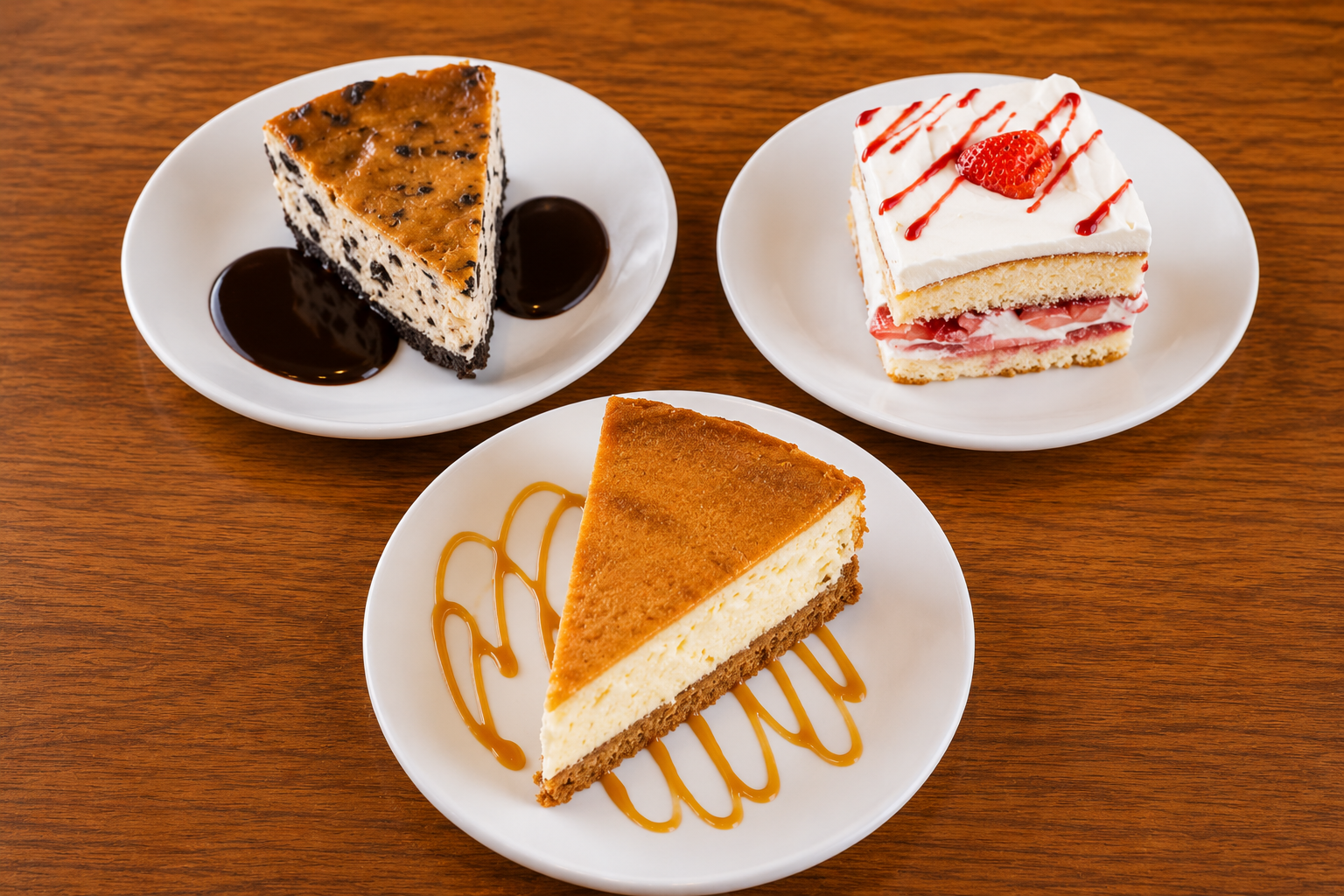 Dessert trio on wooden table